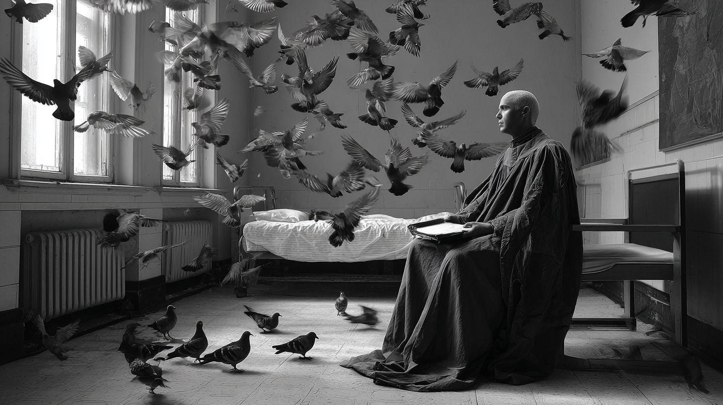 A robed figure seated among pigeons in a bare room