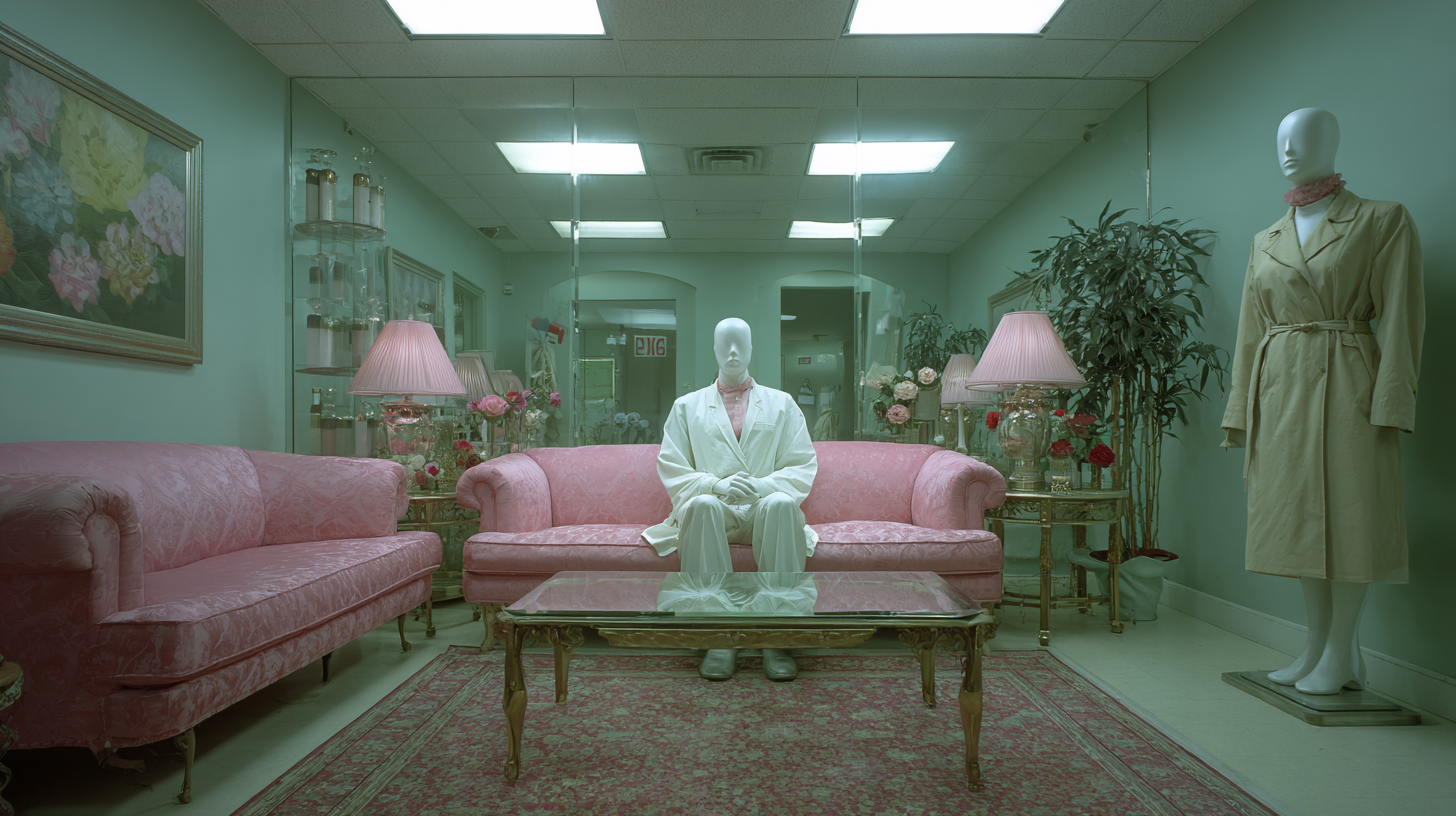 A pastel waiting room with a white marble figure on a pink sofa