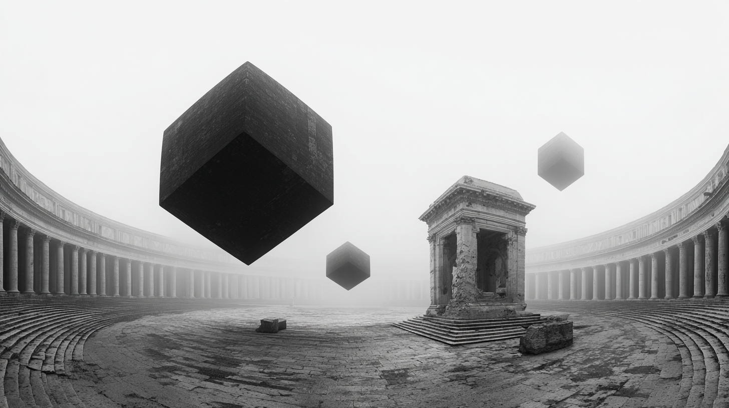 Black cubes hovering over a fog-filled forum