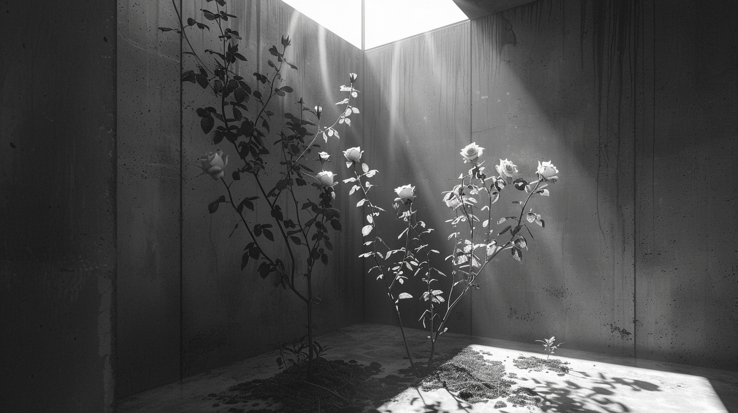 Roses growing in a concrete chamber under a shaft of light