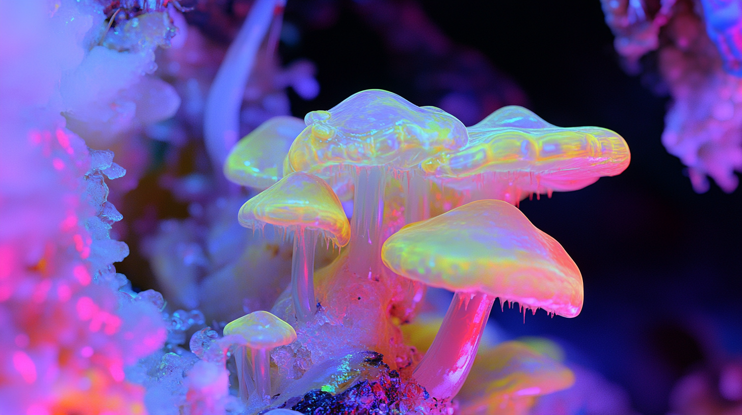 Phosphorescent mushrooms in ultraviolet light