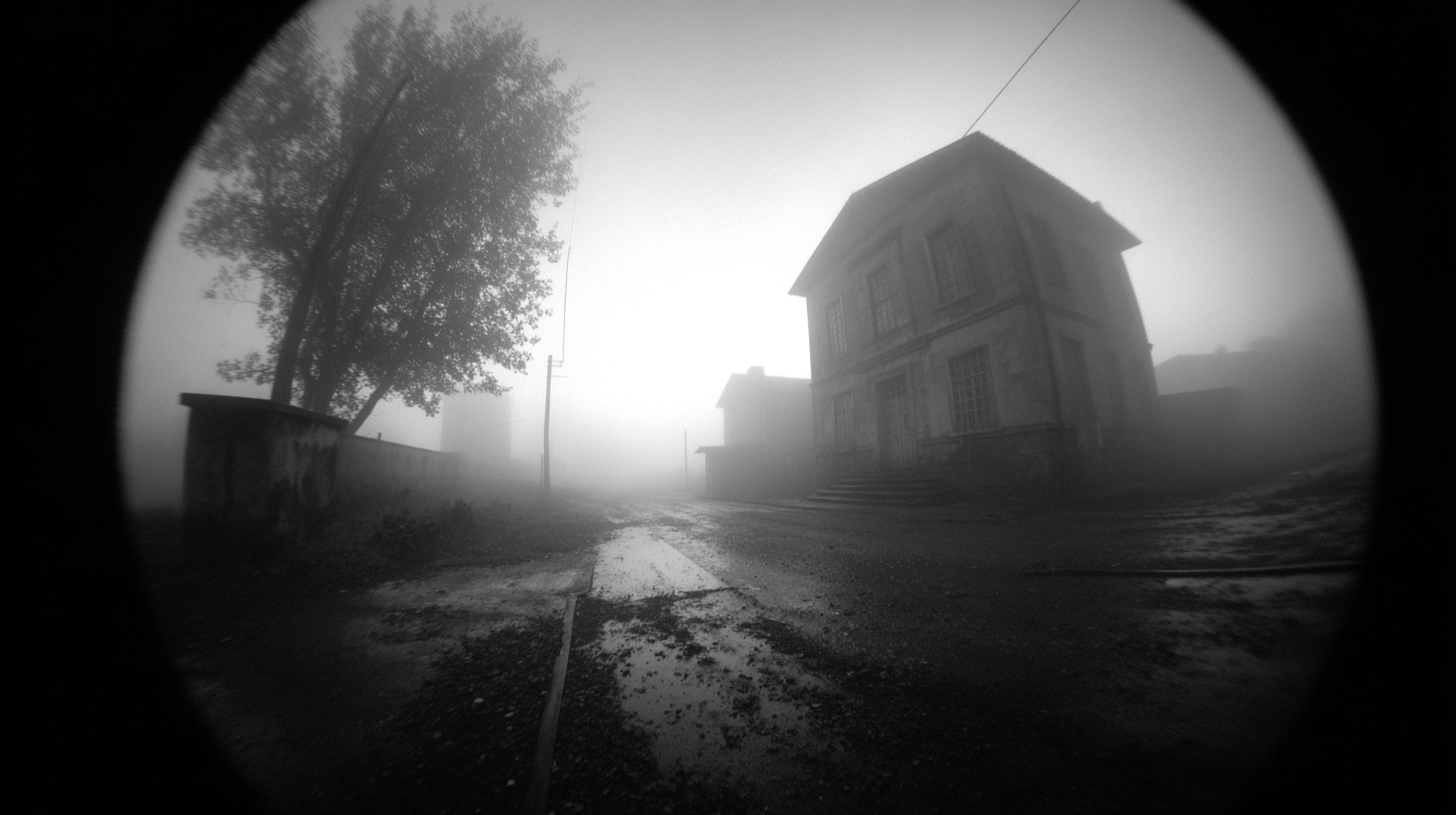 A fog-bound town through a circular lens