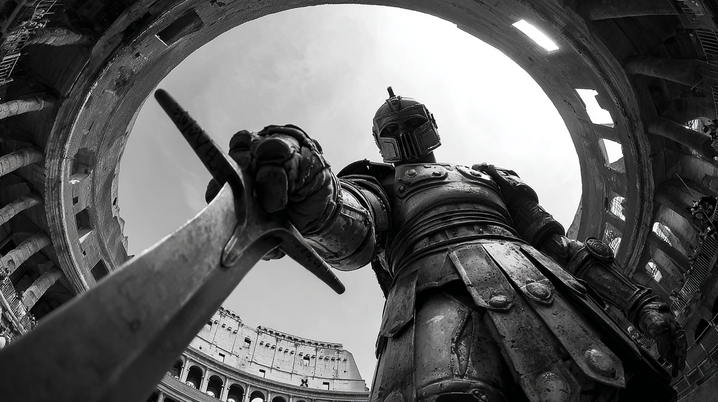 A gladiator seen from below against the colosseum oculus