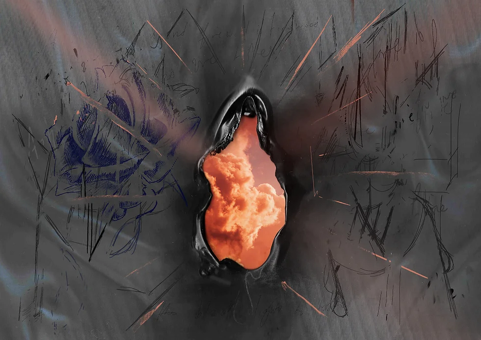 A wound burned through a drawn canvas, orange clouds visible through it